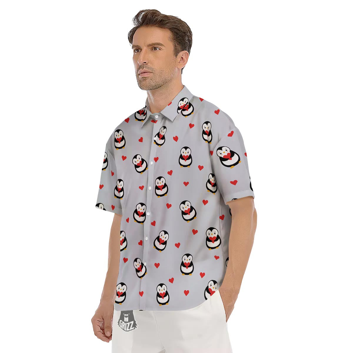 Penguin And Red Heart Print Pattern Men's Short Sleeve Shirts-grizzshop