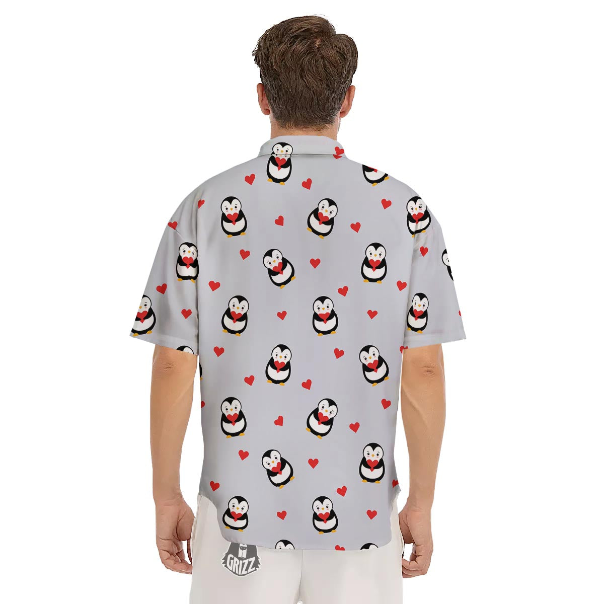 Penguin And Red Heart Print Pattern Men's Short Sleeve Shirts-grizzshop