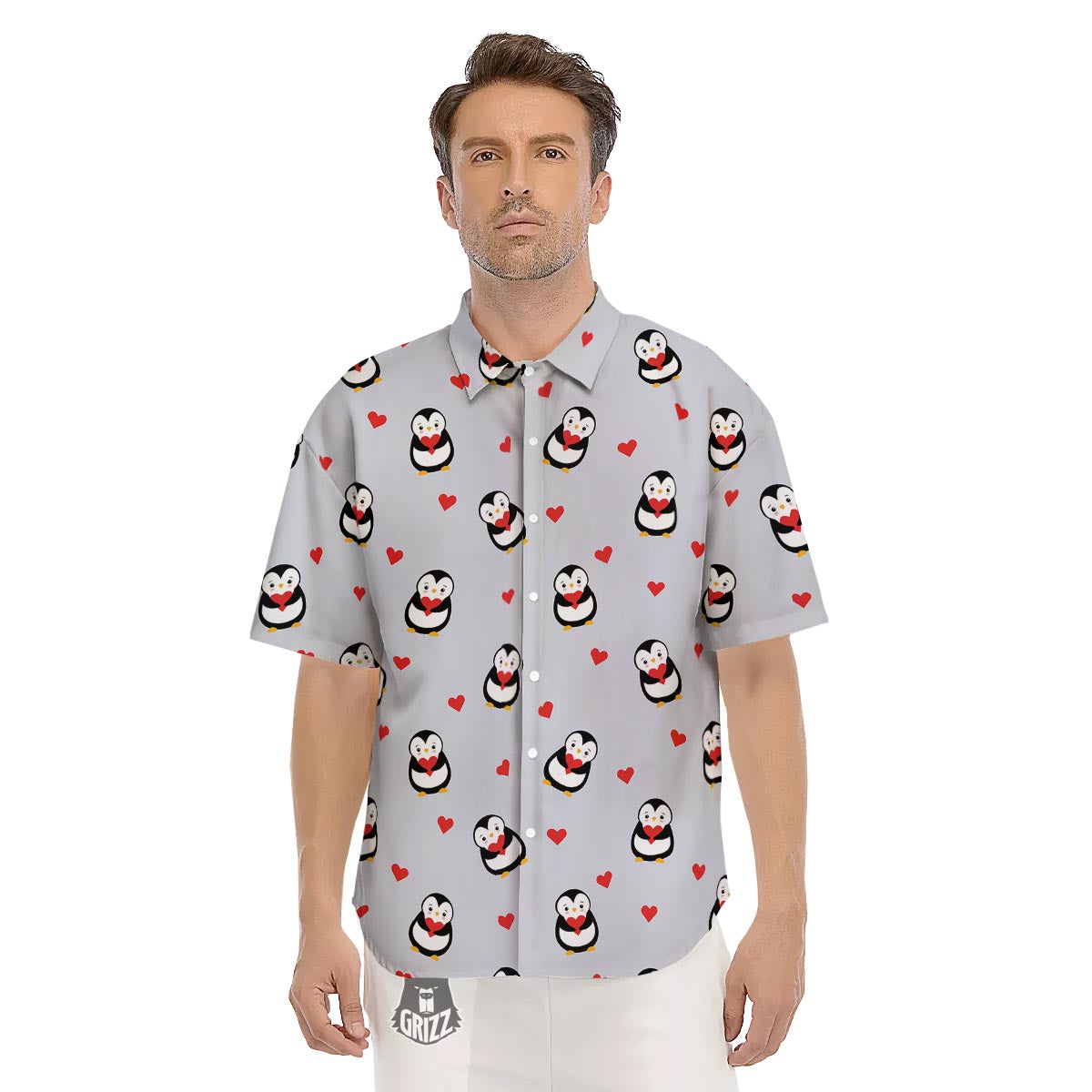 Penguin And Red Heart Print Pattern Men's Short Sleeve Shirts-grizzshop