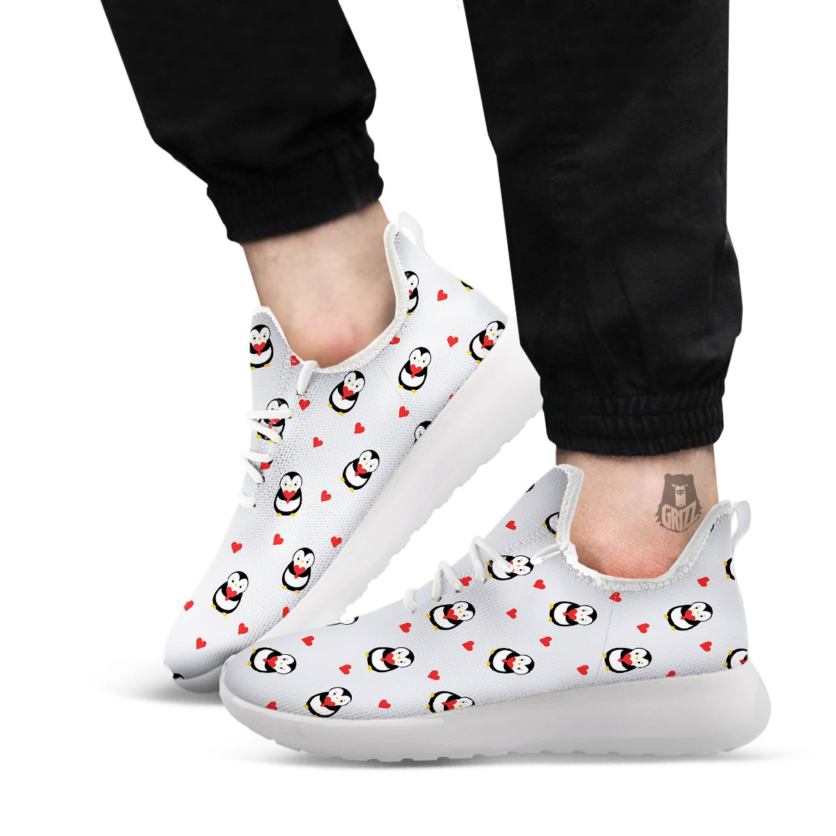 Penguin And Red Heart Print Pattern White Athletic Shoes-grizzshop