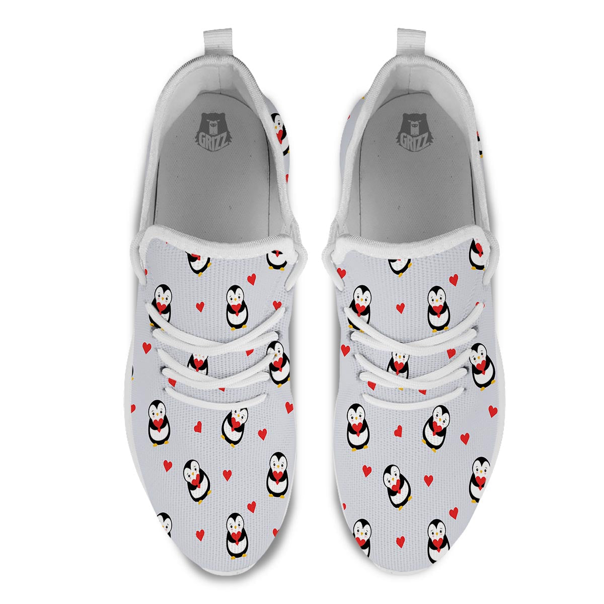 Penguin And Red Heart Print Pattern White Athletic Shoes-grizzshop