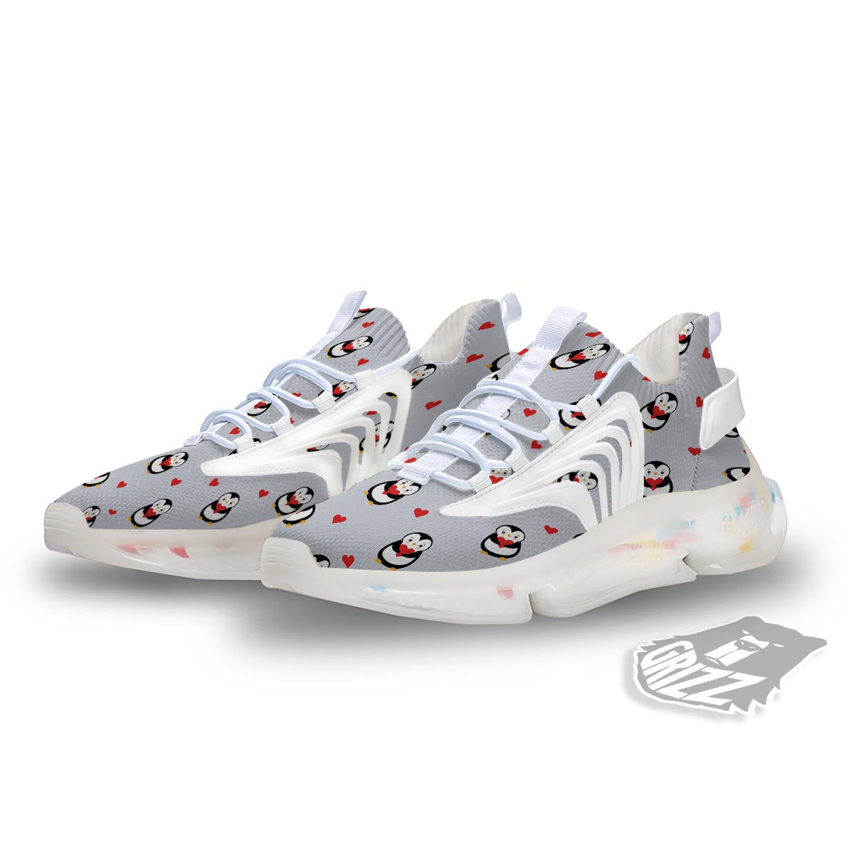 Penguin And Red Heart Print Pattern White Gym Shoes-grizzshop