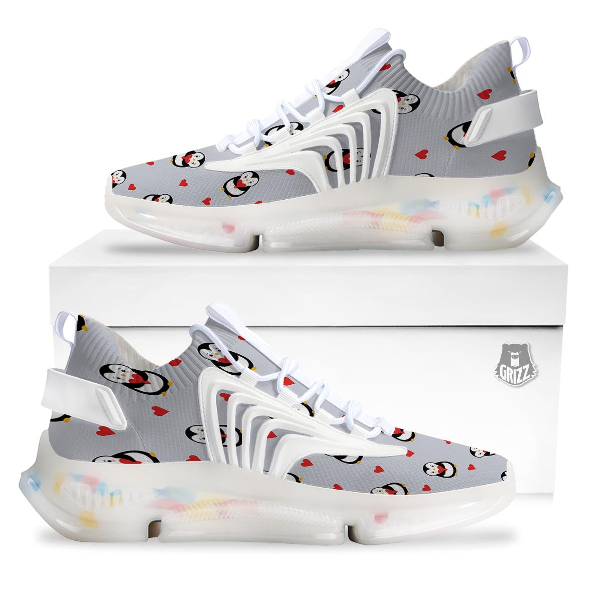 Penguin And Red Heart Print Pattern White Gym Shoes-grizzshop