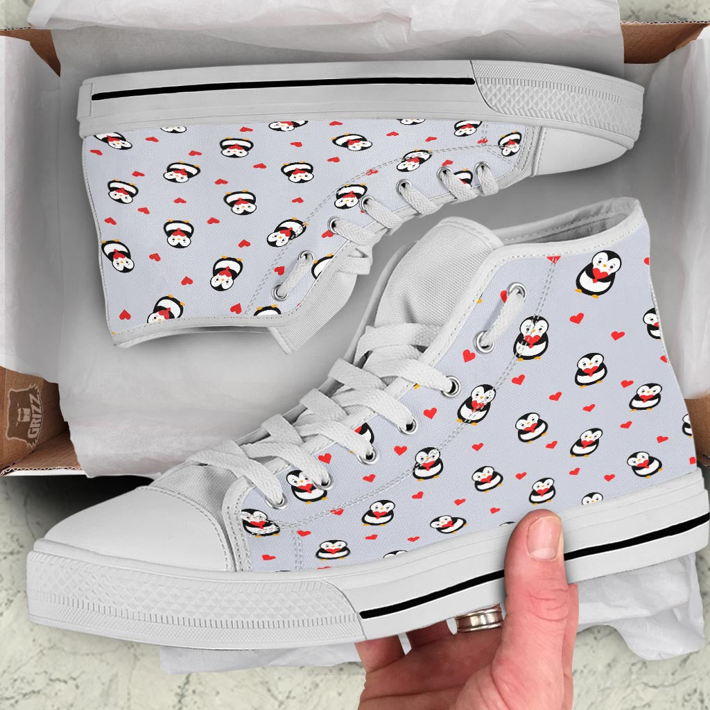 Penguin And Red Heart Print Pattern White High Top Shoes-grizzshop