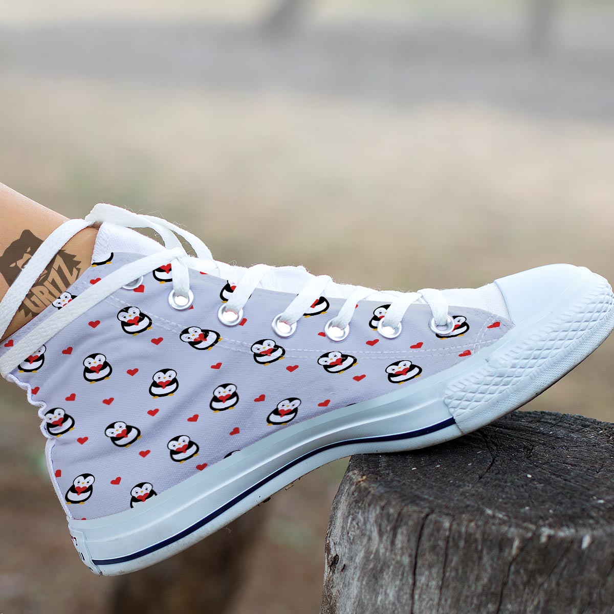 Penguin And Red Heart Print Pattern White High Top Shoes-grizzshop