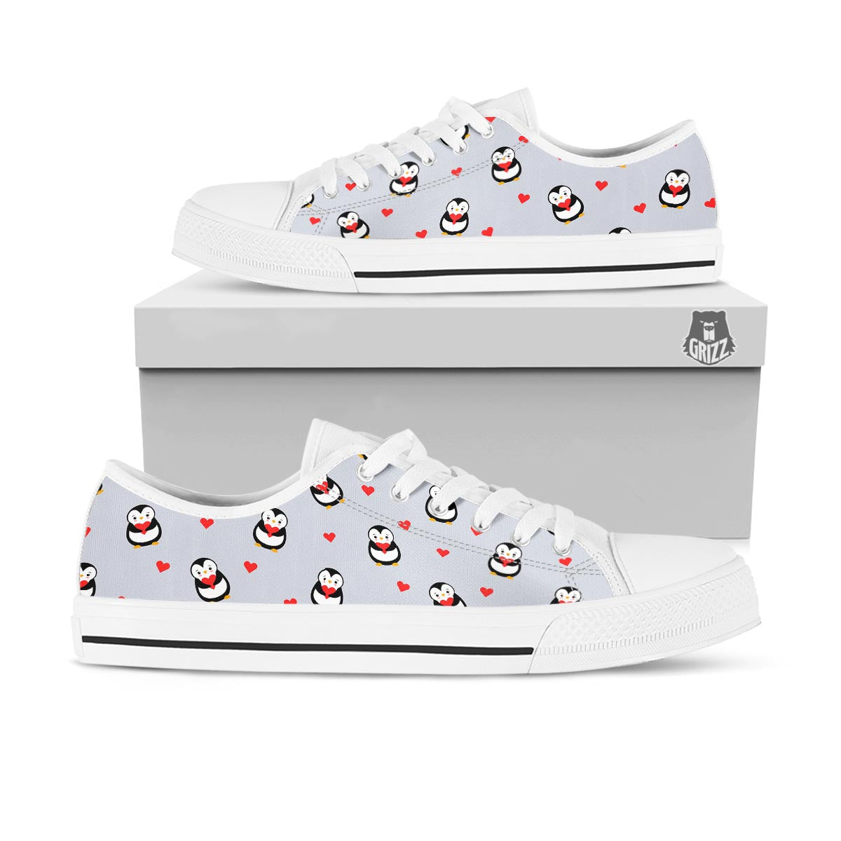 Penguin And Red Heart Print Pattern White Low Top Shoes-grizzshop