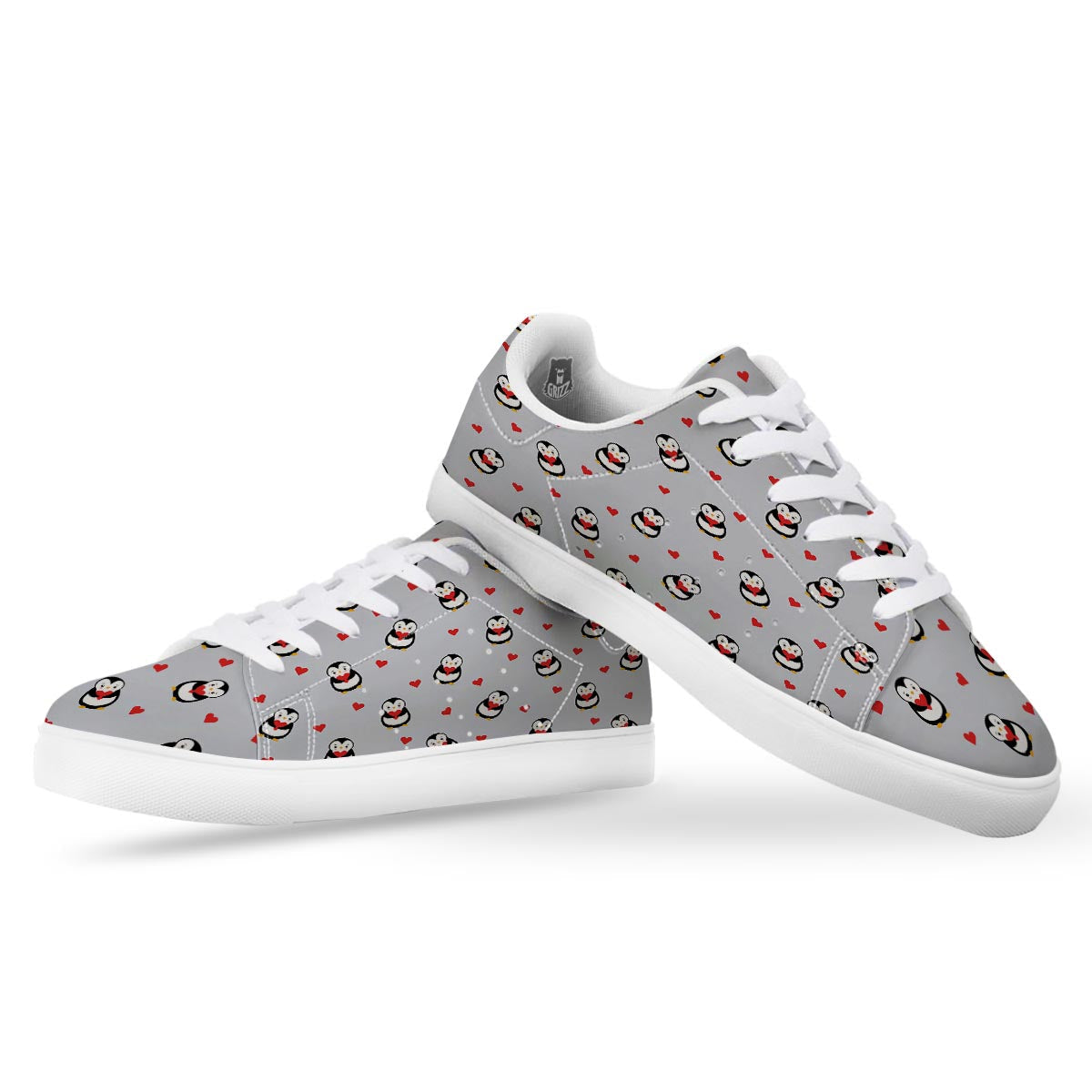 Penguin And Red Heart Print Pattern White Low Top Sneakers-grizzshop