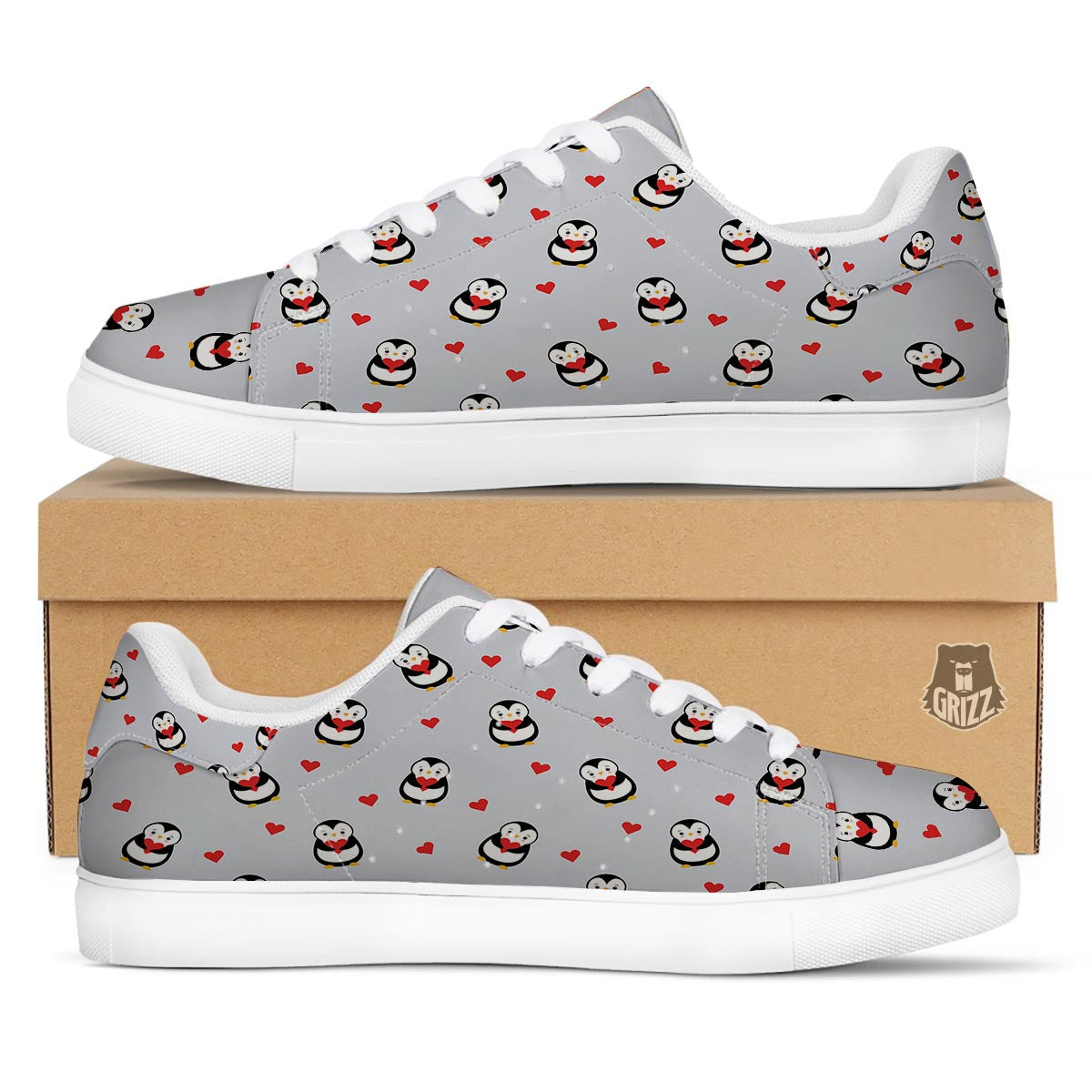 Penguin And Red Heart Print Pattern White Low Top Sneakers-grizzshop