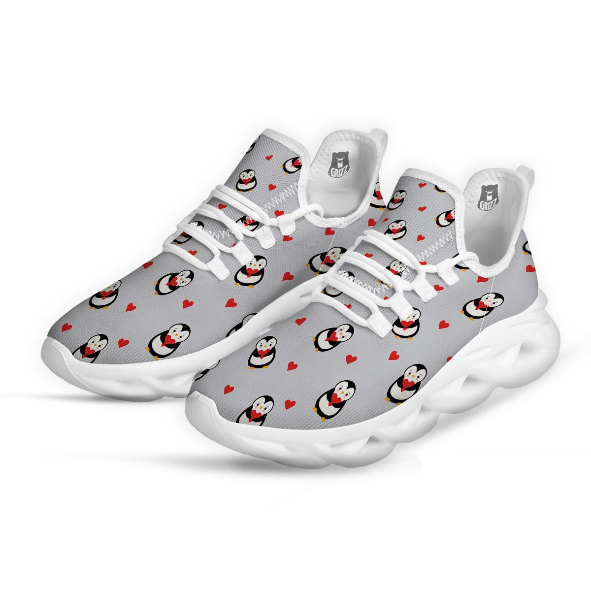 Penguin And Red Heart Print Pattern White Running Shoes-grizzshop