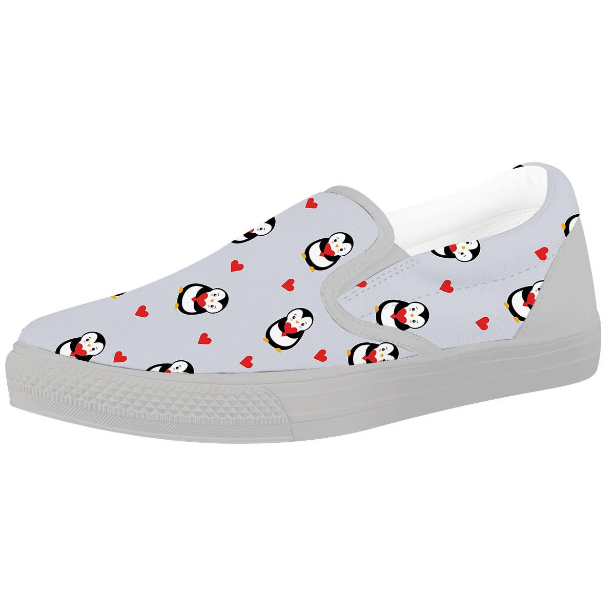 Penguin And Red Heart Print Pattern White Slip On Shoes-grizzshop