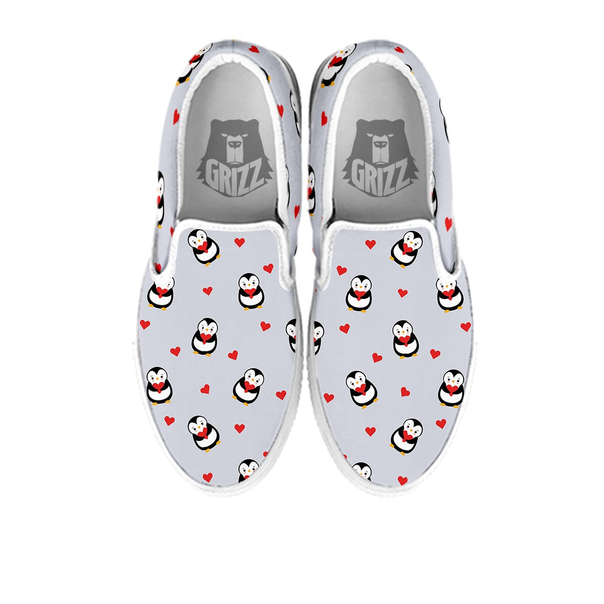 Penguin And Red Heart Print Pattern White Slip On Shoes-grizzshop