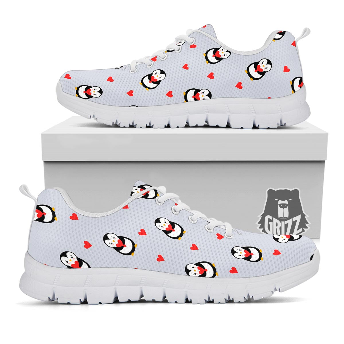 Penguin And Red Heart Print Pattern White Sneaker-grizzshop
