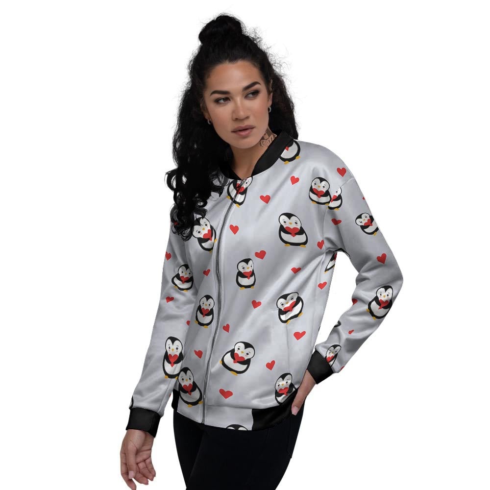 Penguin And Red Heart Print Pattern Women's Bomber Jacket-grizzshop