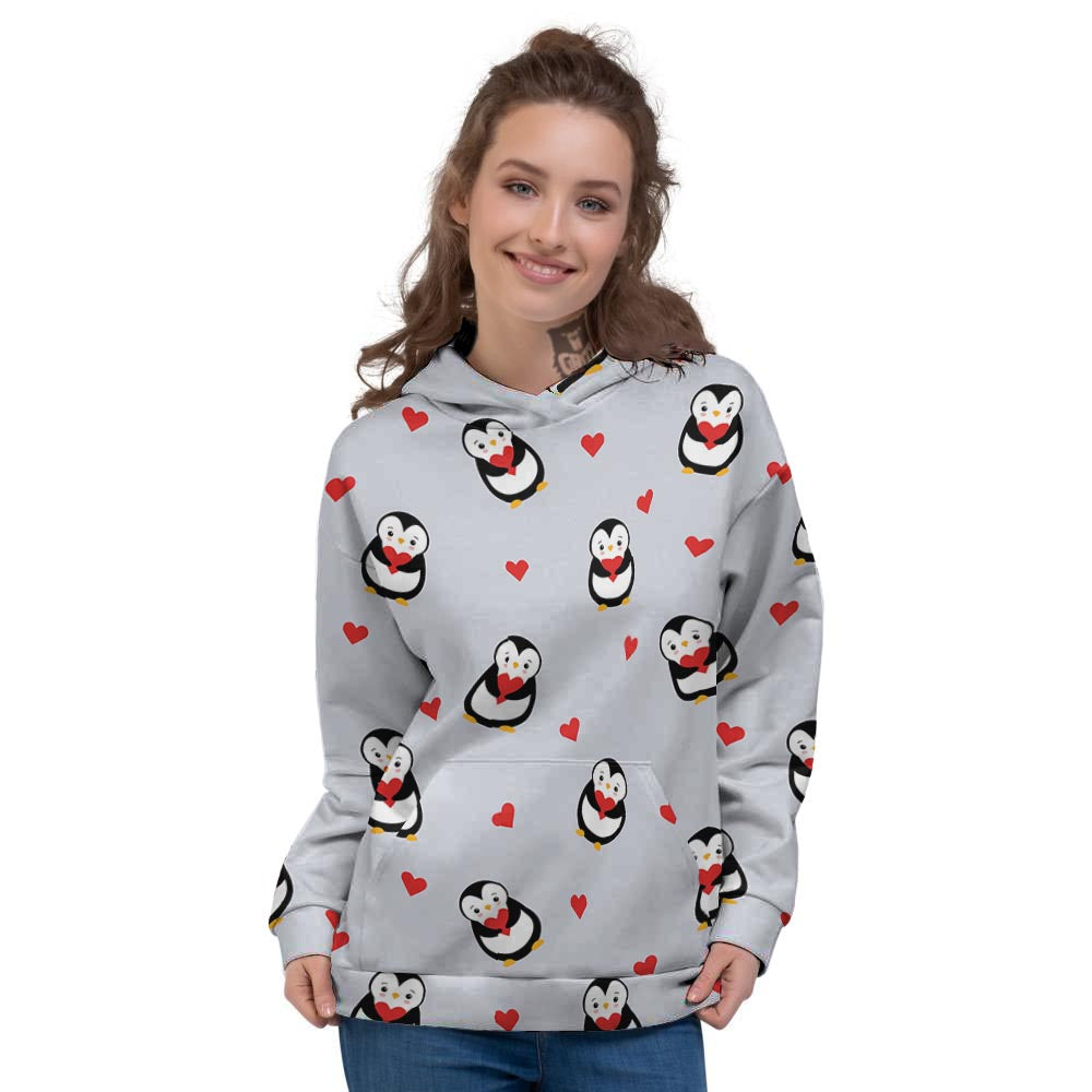 Penguin And Red Heart Print Pattern Women's Hoodie-grizzshop