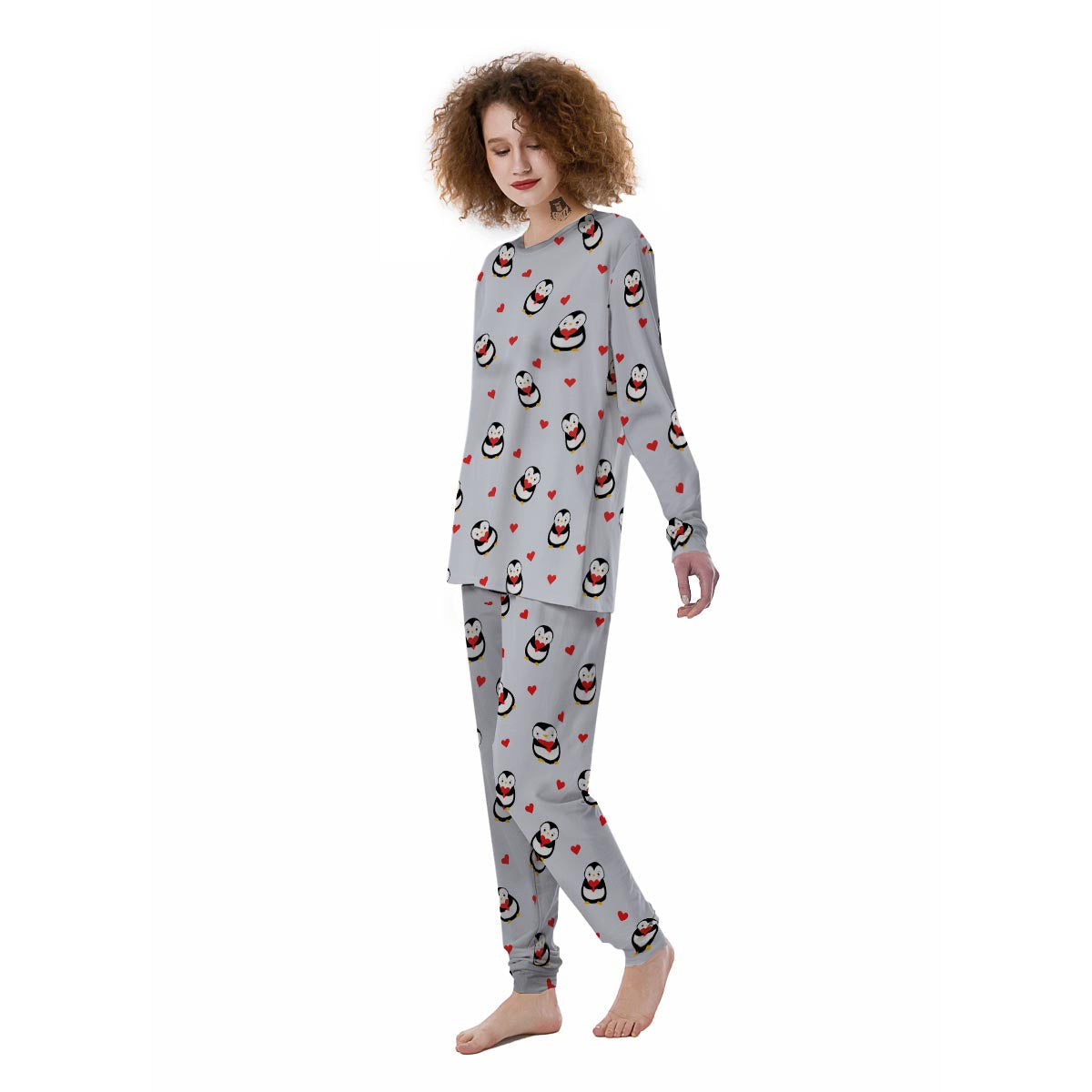 Penguin And Red Heart Print Pattern Women's Pajamas-grizzshop