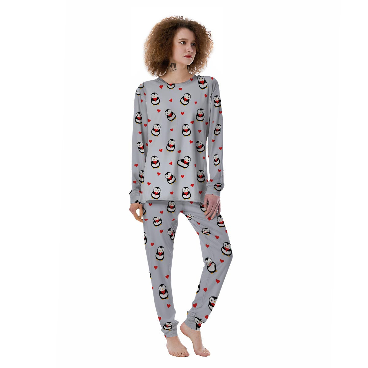 Penguin And Red Heart Print Pattern Women's Pajamas-grizzshop