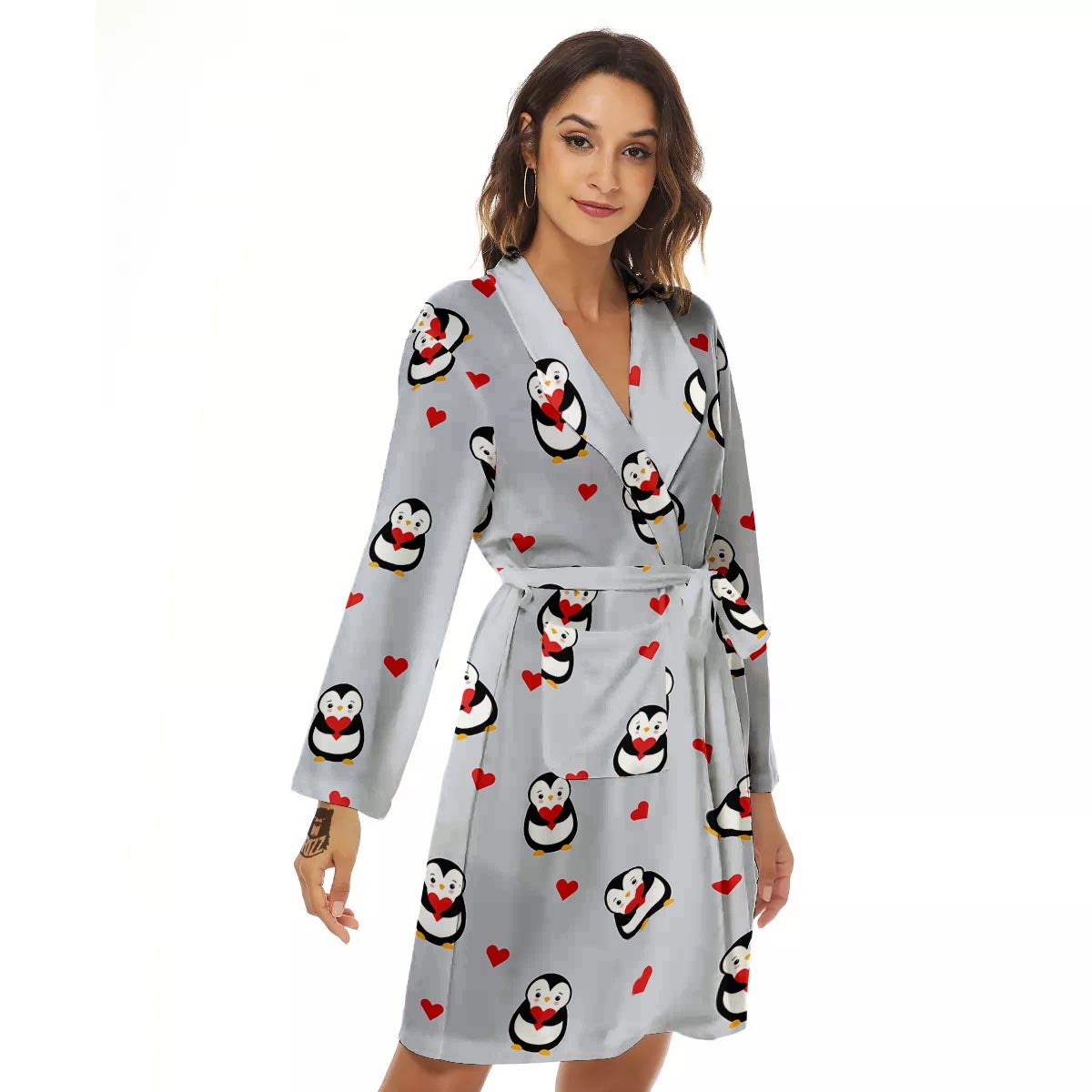 Penguin And Red Heart Print Pattern Women's Robe-grizzshop