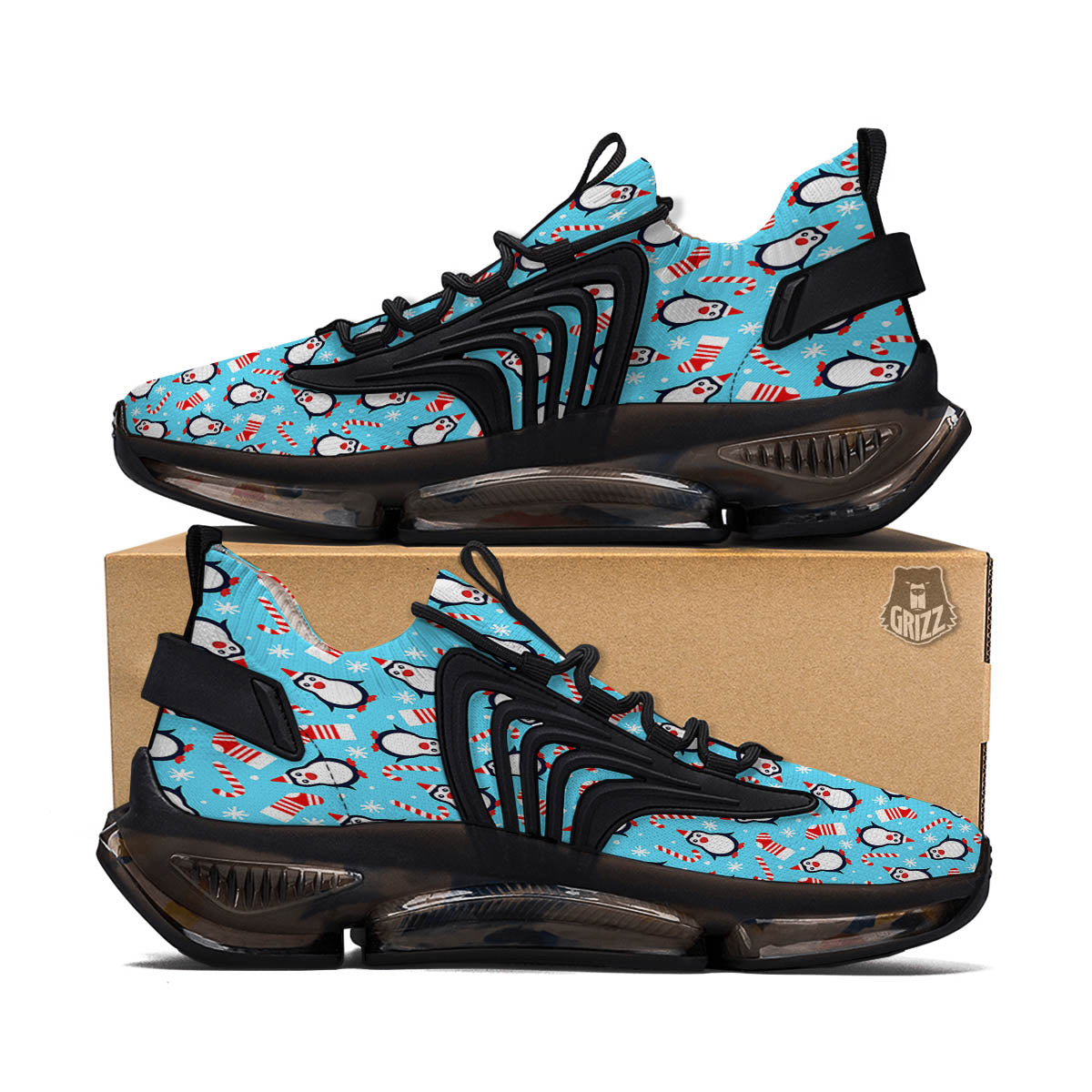 Penguin Christmas Santa Print Pattern Black Gym Shoes-grizzshop