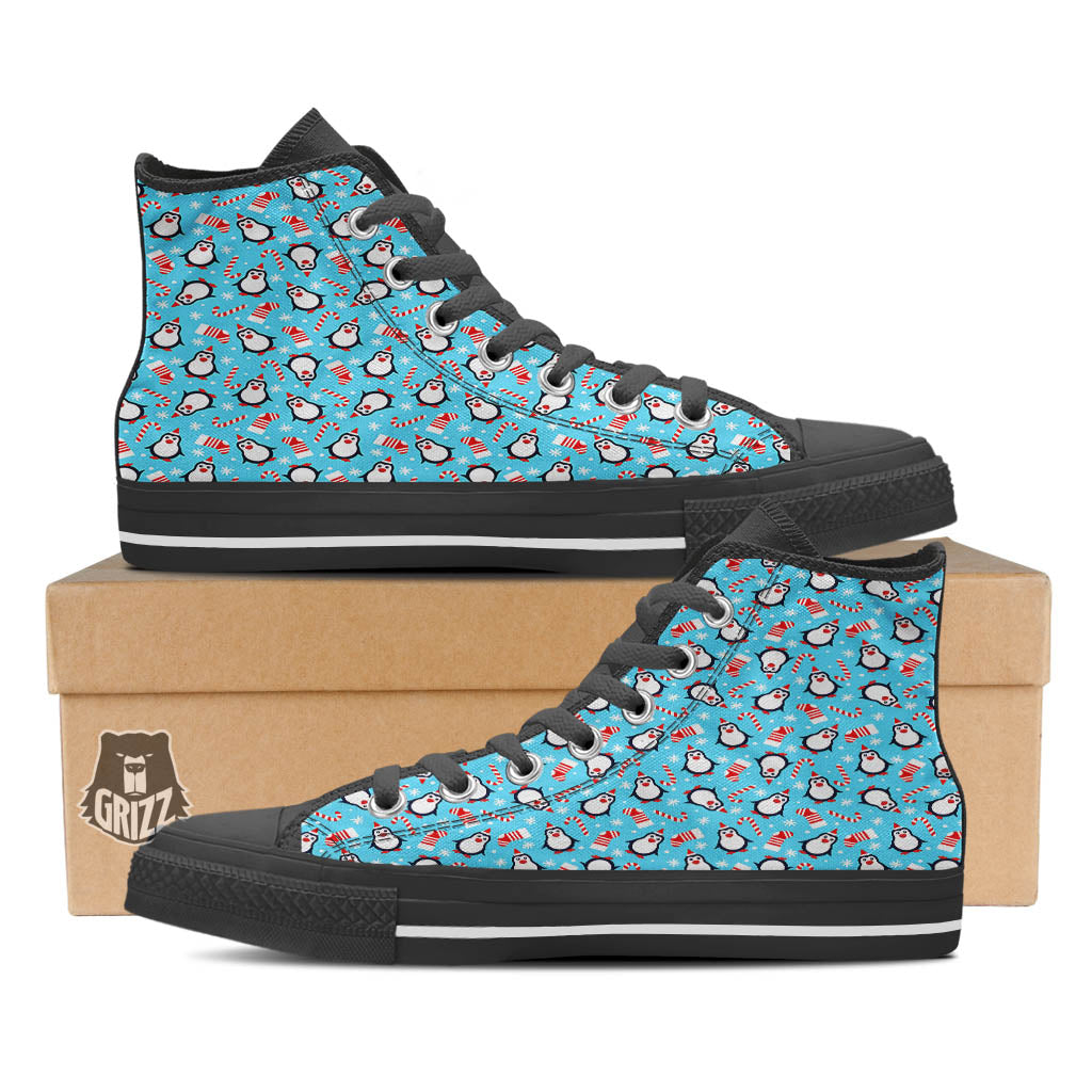 Penguin Christmas Santa Print Pattern Black High Top Shoes-grizzshop