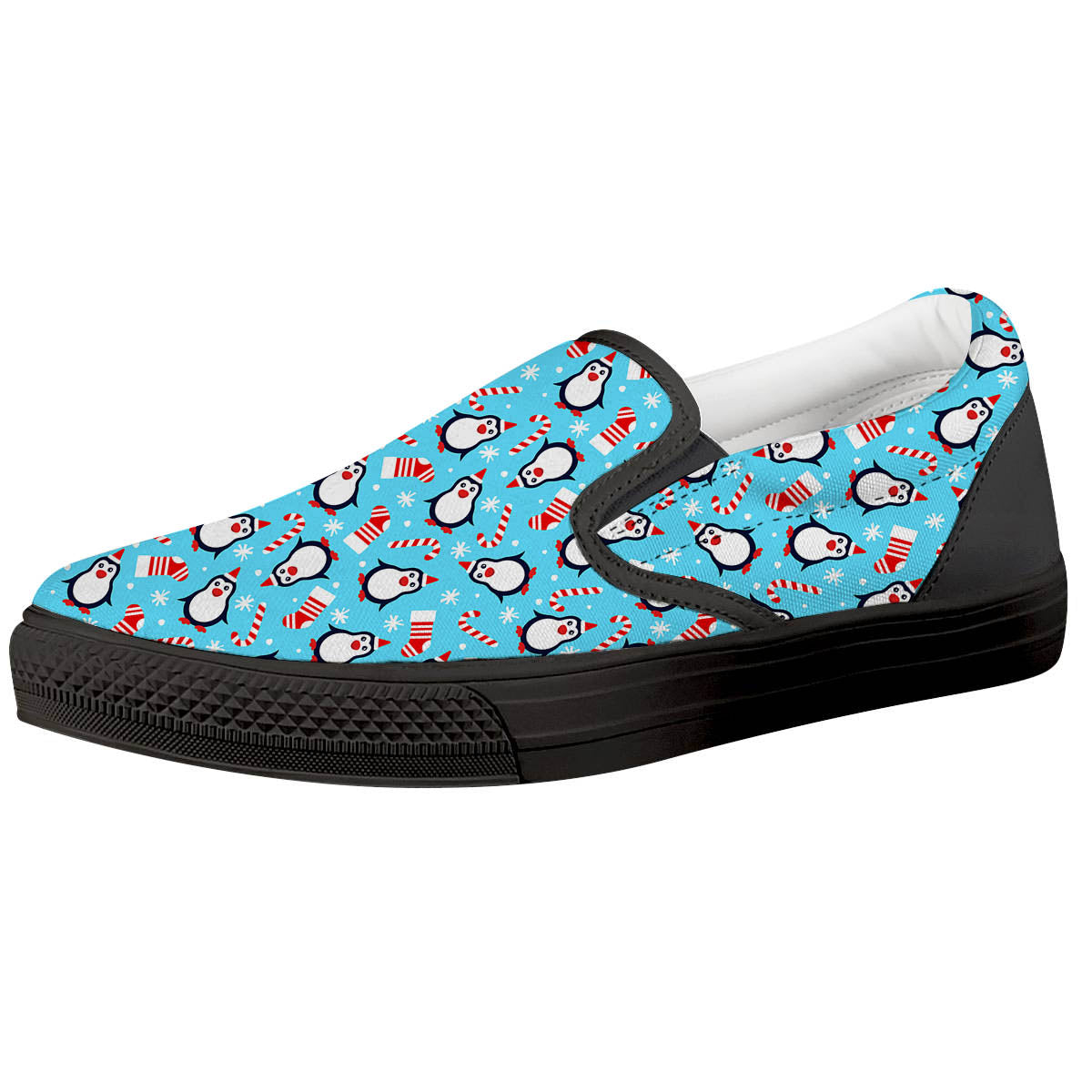 Penguin Christmas Santa Print Pattern Black Slip On Shoes-grizzshop