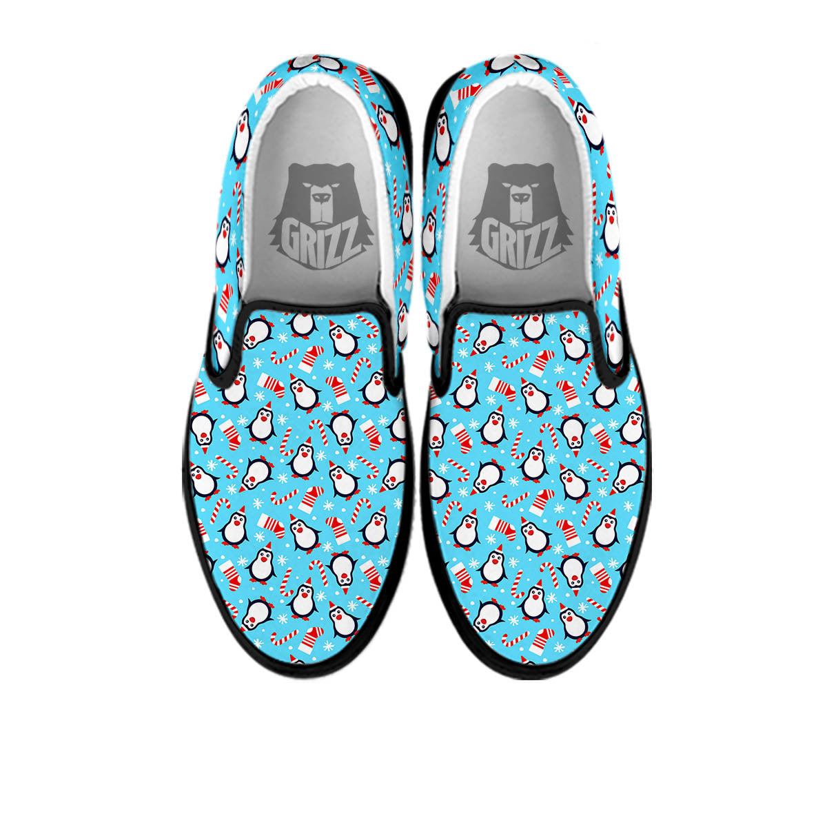 Penguin Christmas Santa Print Pattern Black Slip On Shoes-grizzshop