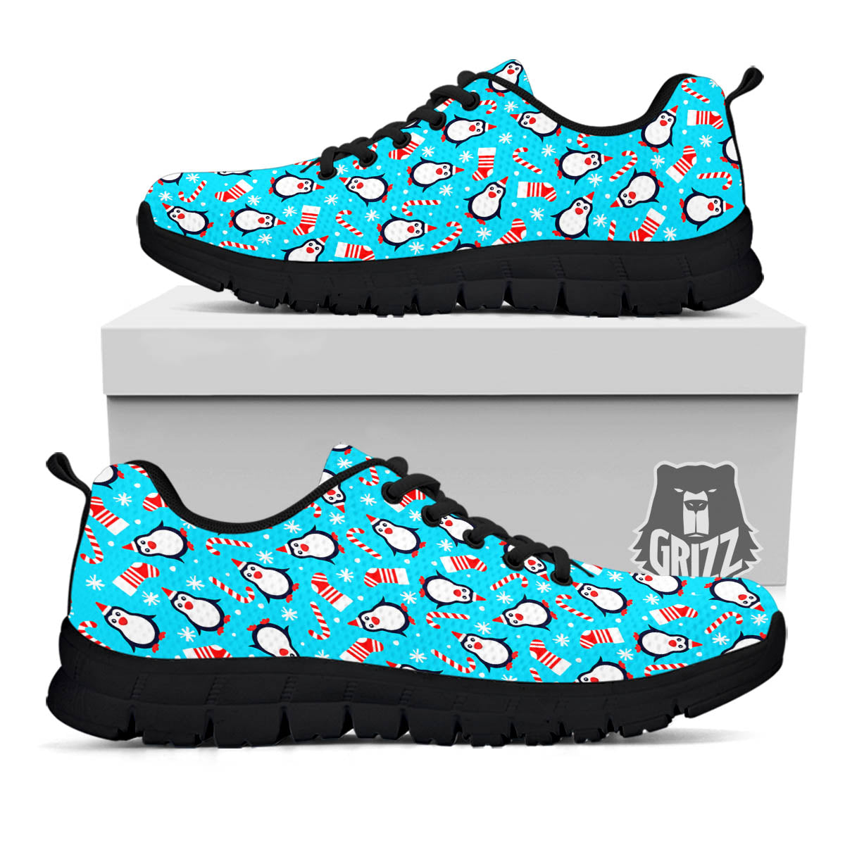 Penguin Christmas Santa Print Pattern Black Sneaker-grizzshop
