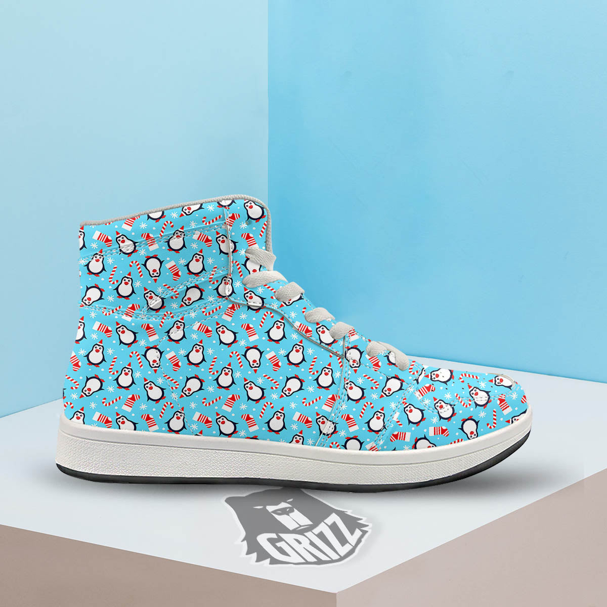 Penguin Christmas Santa Print Pattern High Top Sneakers-grizzshop