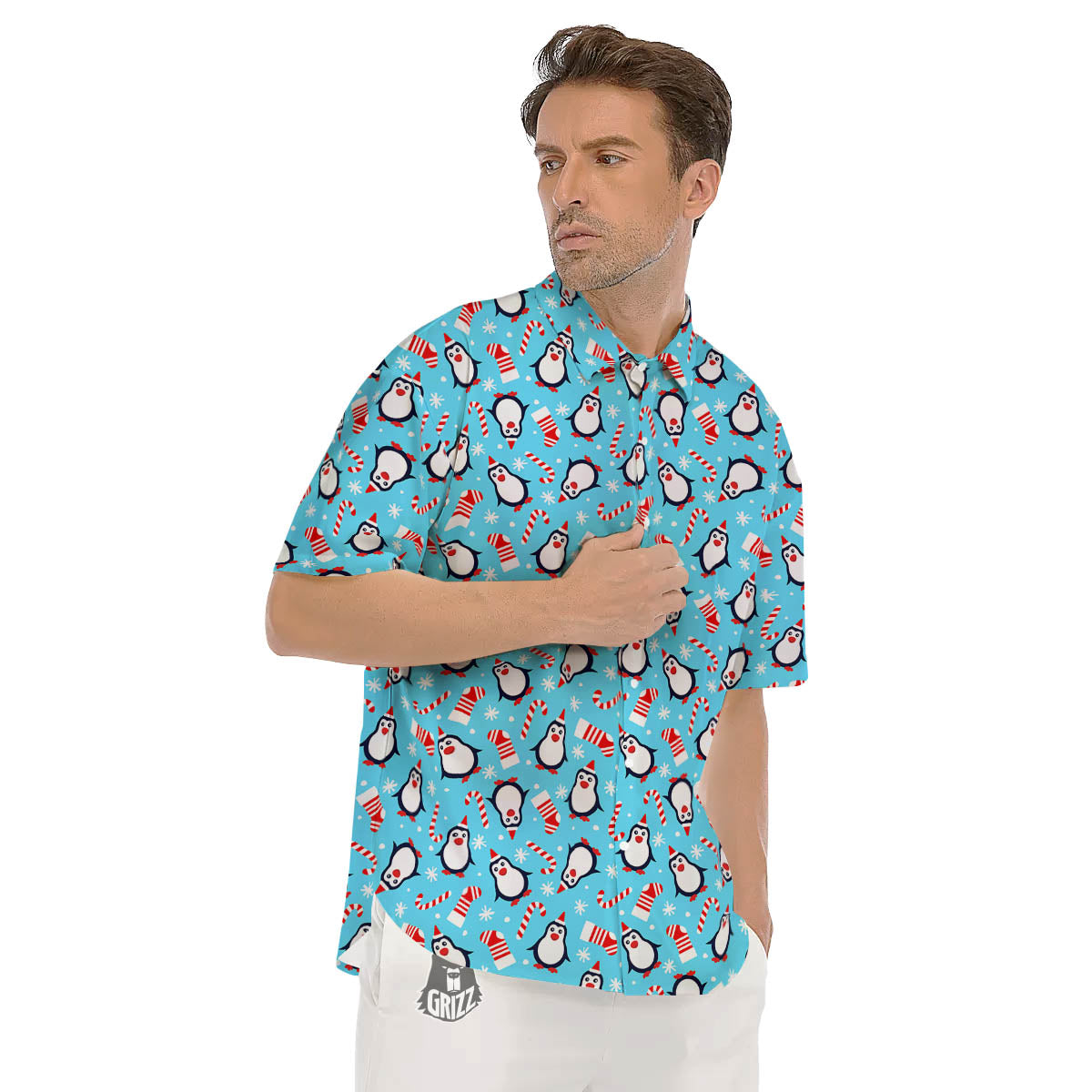 Penguin Christmas Santa Print Pattern Men's Short Sleeve Shirts-grizzshop