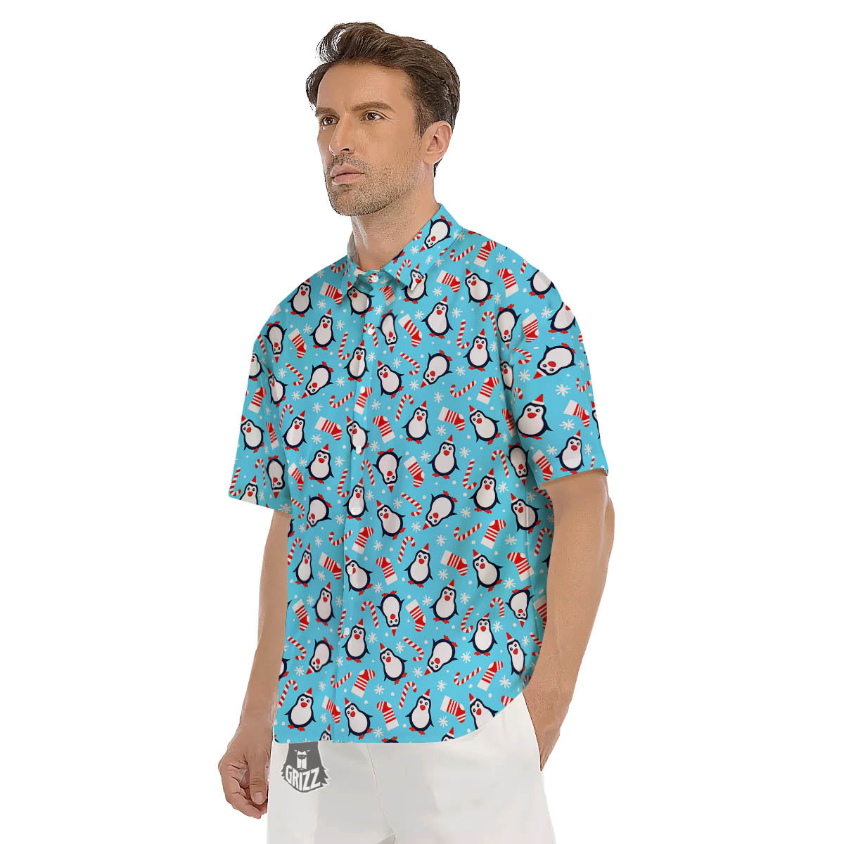 Penguin Christmas Santa Print Pattern Men's Short Sleeve Shirts-grizzshop