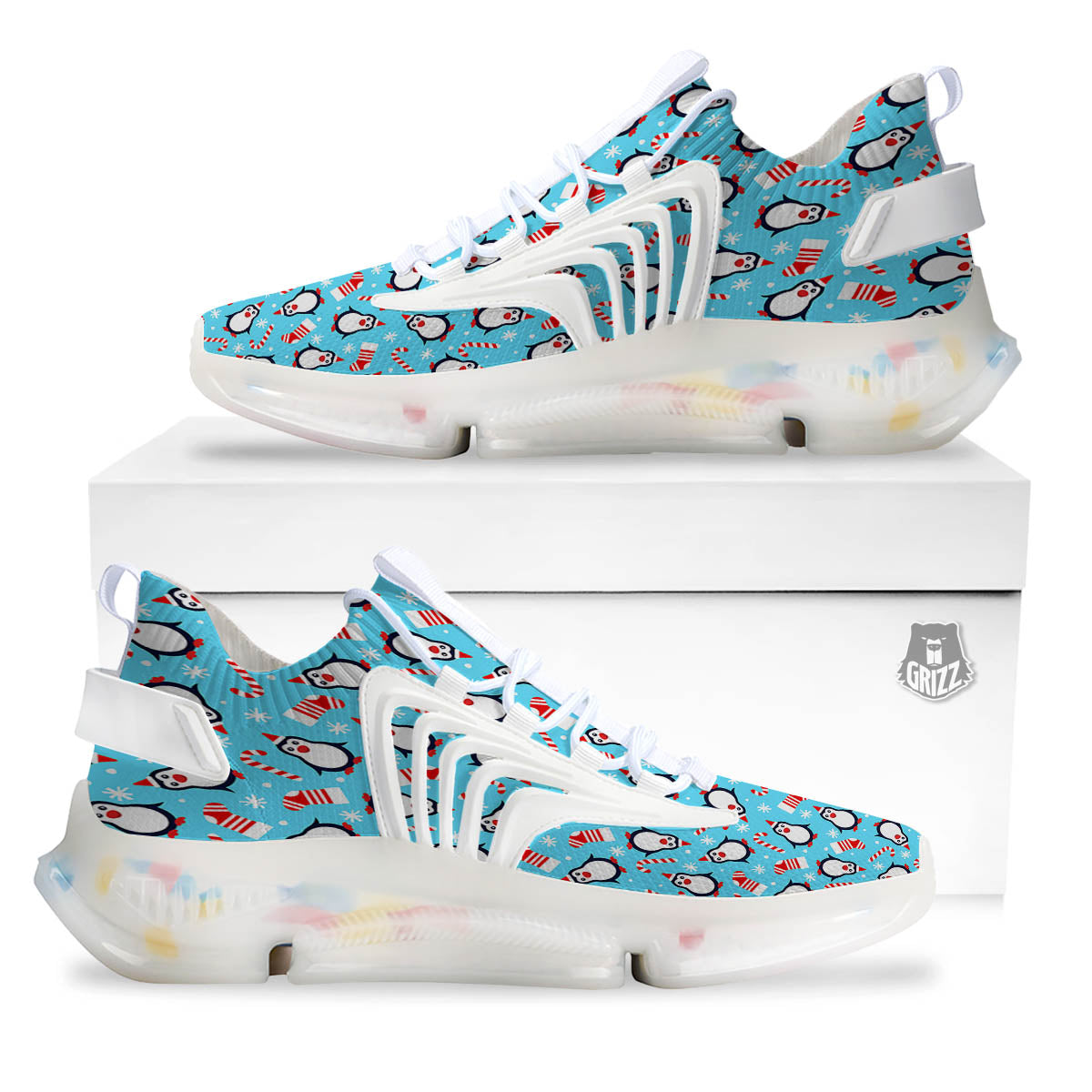 Penguin Christmas Santa Print Pattern White Gym Shoes-grizzshop