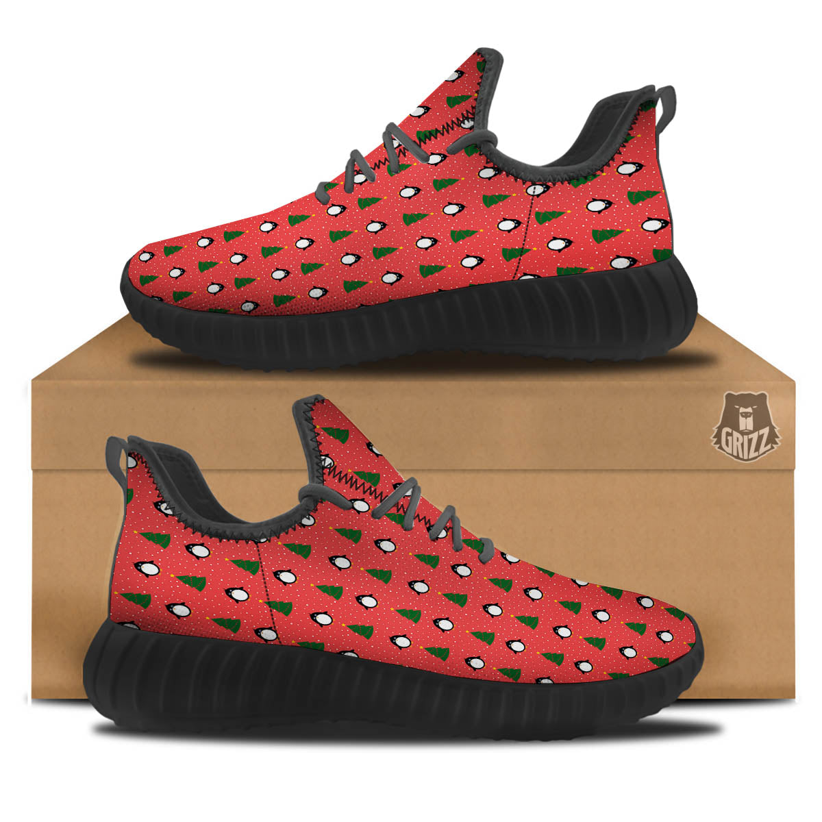 Penguin Christmas Snowy Print Pattern Black Walking Shoes-grizzshop