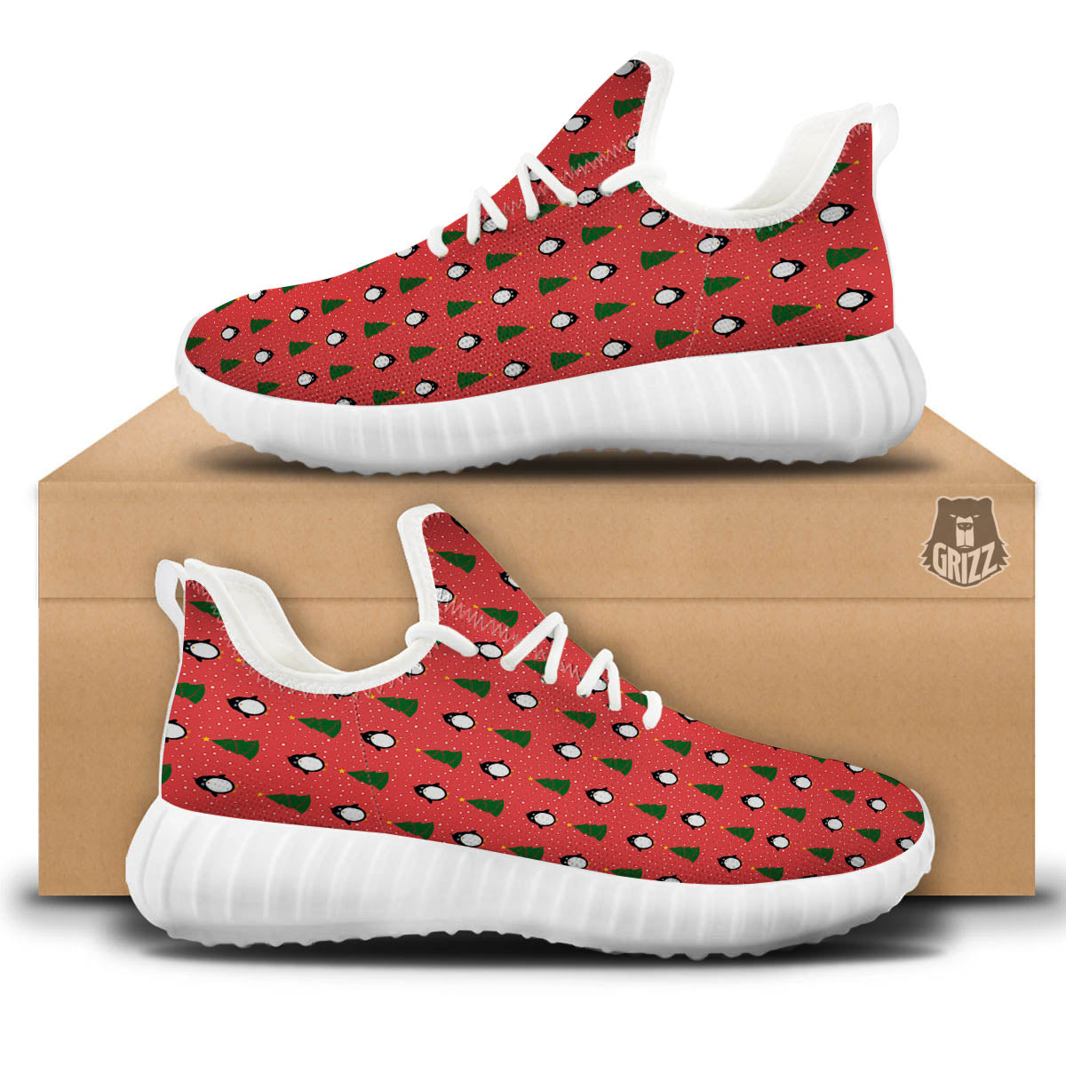 Penguin Christmas Snowy Print Pattern White Walking Shoes-grizzshop