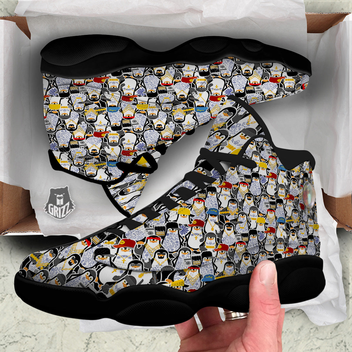 Penguin Criminal Print Pattern Black Basketball Shoes-grizzshop