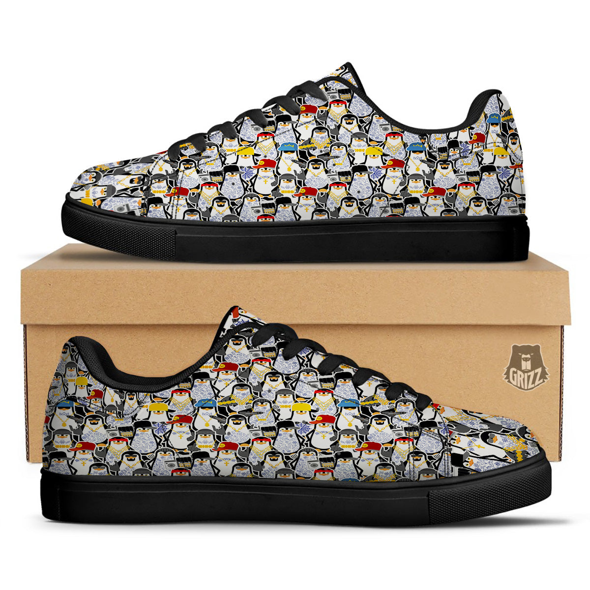 Penguin Criminal Print Pattern Black Low Top Sneakers-grizzshop