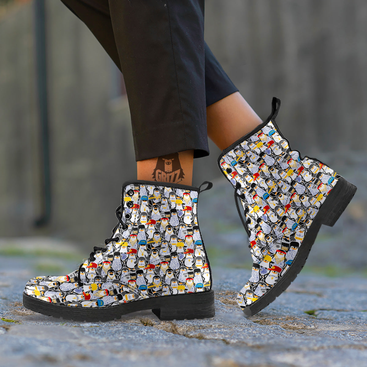 Penguin Criminal Print Pattern Leather Boots-grizzshop