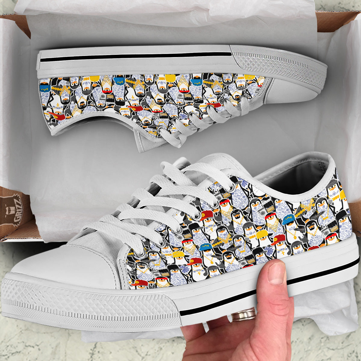 Penguin Criminal Print Pattern White Low Top Shoes-grizzshop
