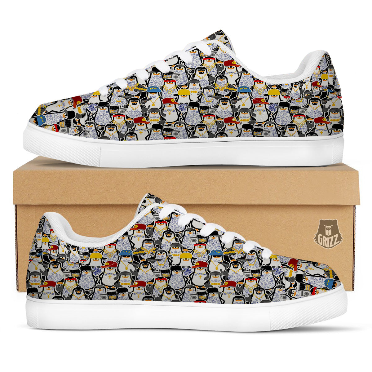 Penguin Criminal Print Pattern White Low Top Sneakers-grizzshop