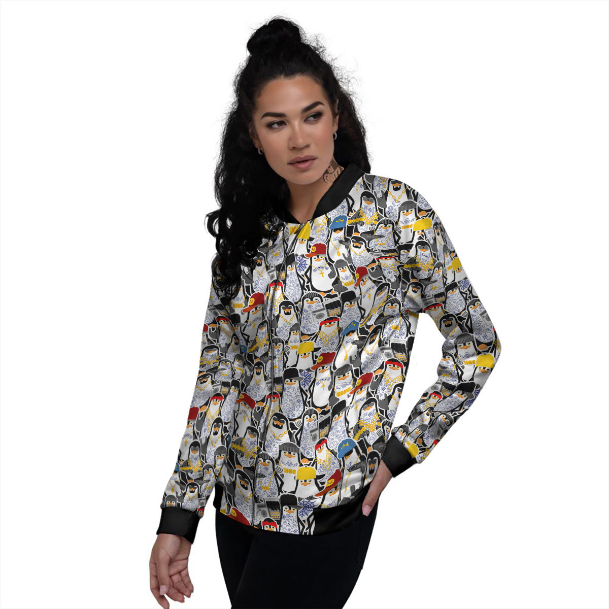 Penguin Criminal Print Pattern Women's Bomber Jacket-grizzshop