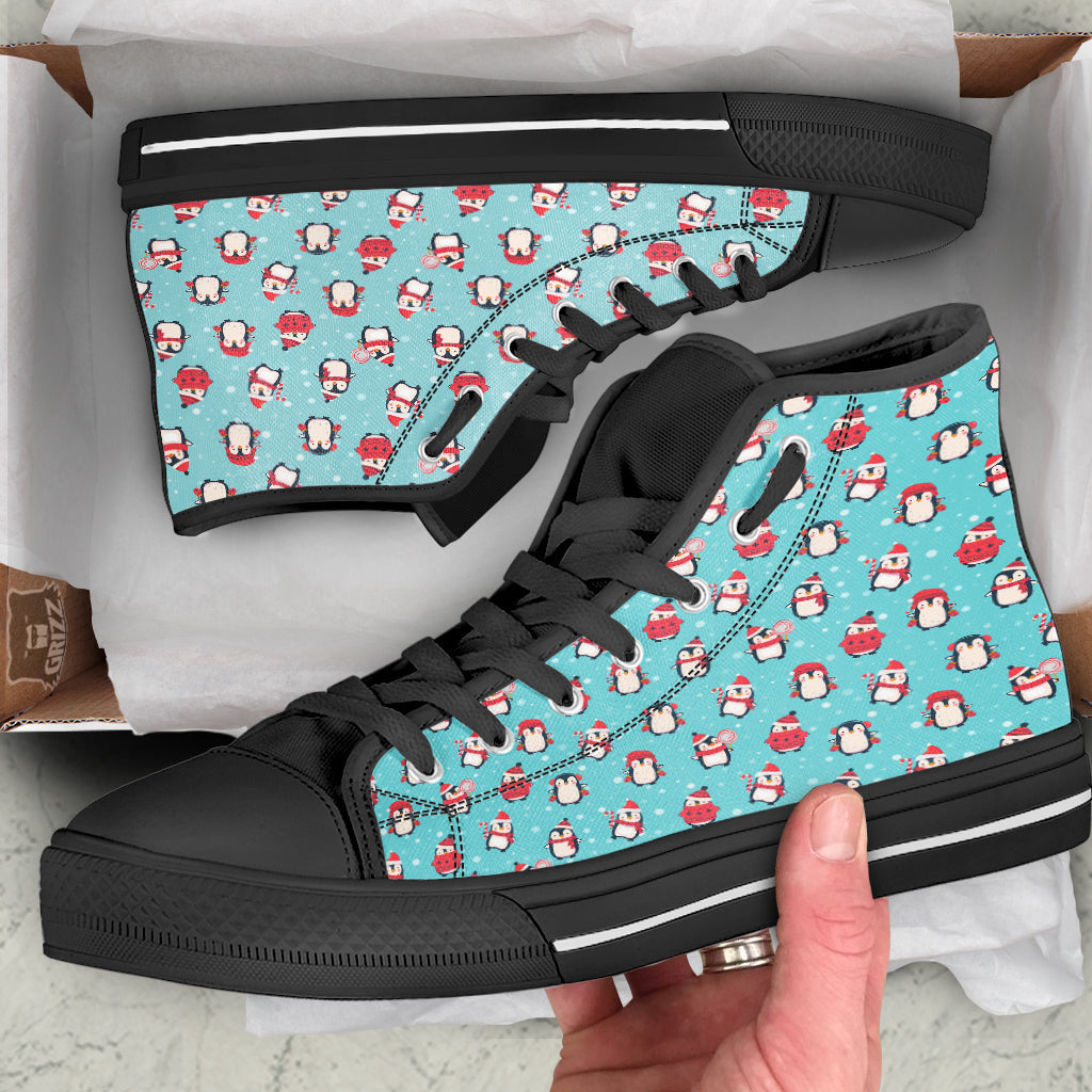 Penguin Cute Snowy Print Pattern Black High Top Shoes-grizzshop