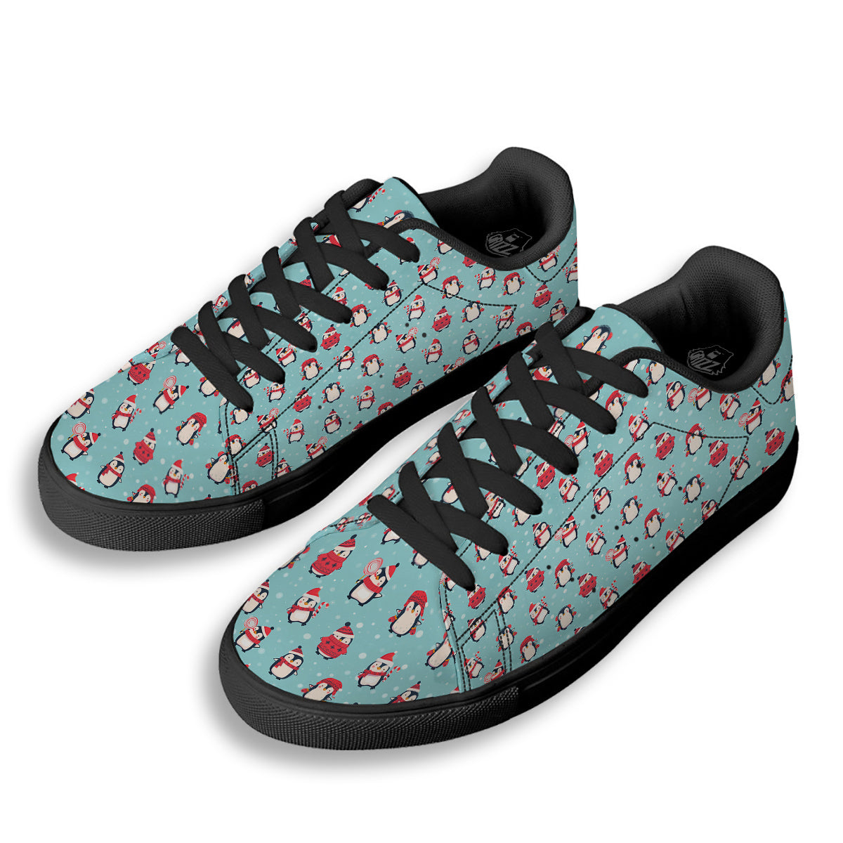 Penguin Cute Snowy Print Pattern Black Low Top Sneakers-grizzshop