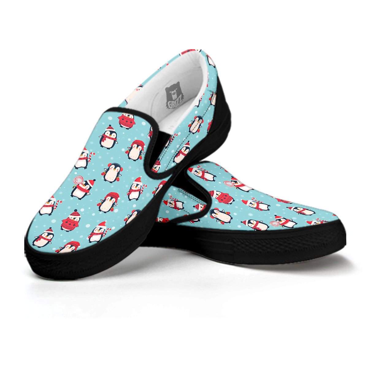 Penguin Cute Snowy Print Pattern Black Slip On Shoes-grizzshop