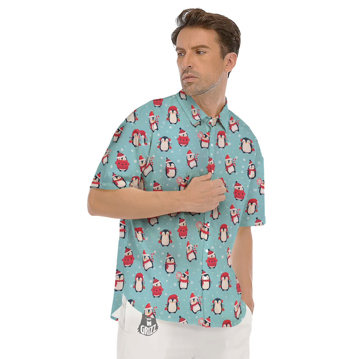 Penguin Cute Snowy Print Pattern Men's Short Sleeve Shirts-grizzshop