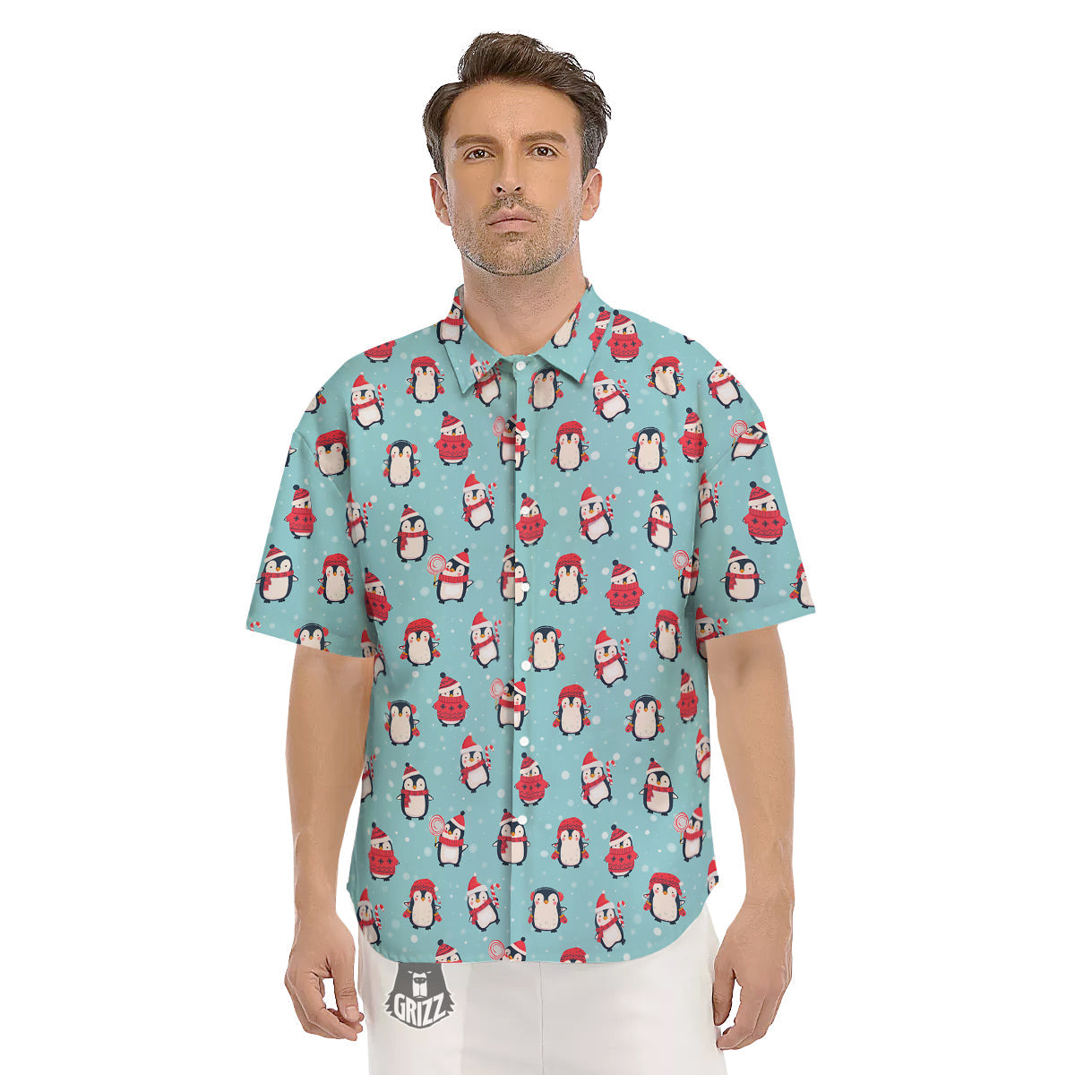 Penguin Cute Snowy Print Pattern Men's Short Sleeve Shirts-grizzshop