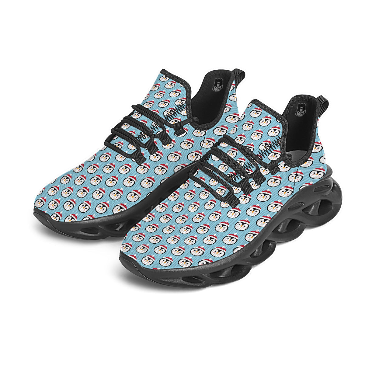Penguin Face Cute Print Pattern Black Running Shoes-grizzshop