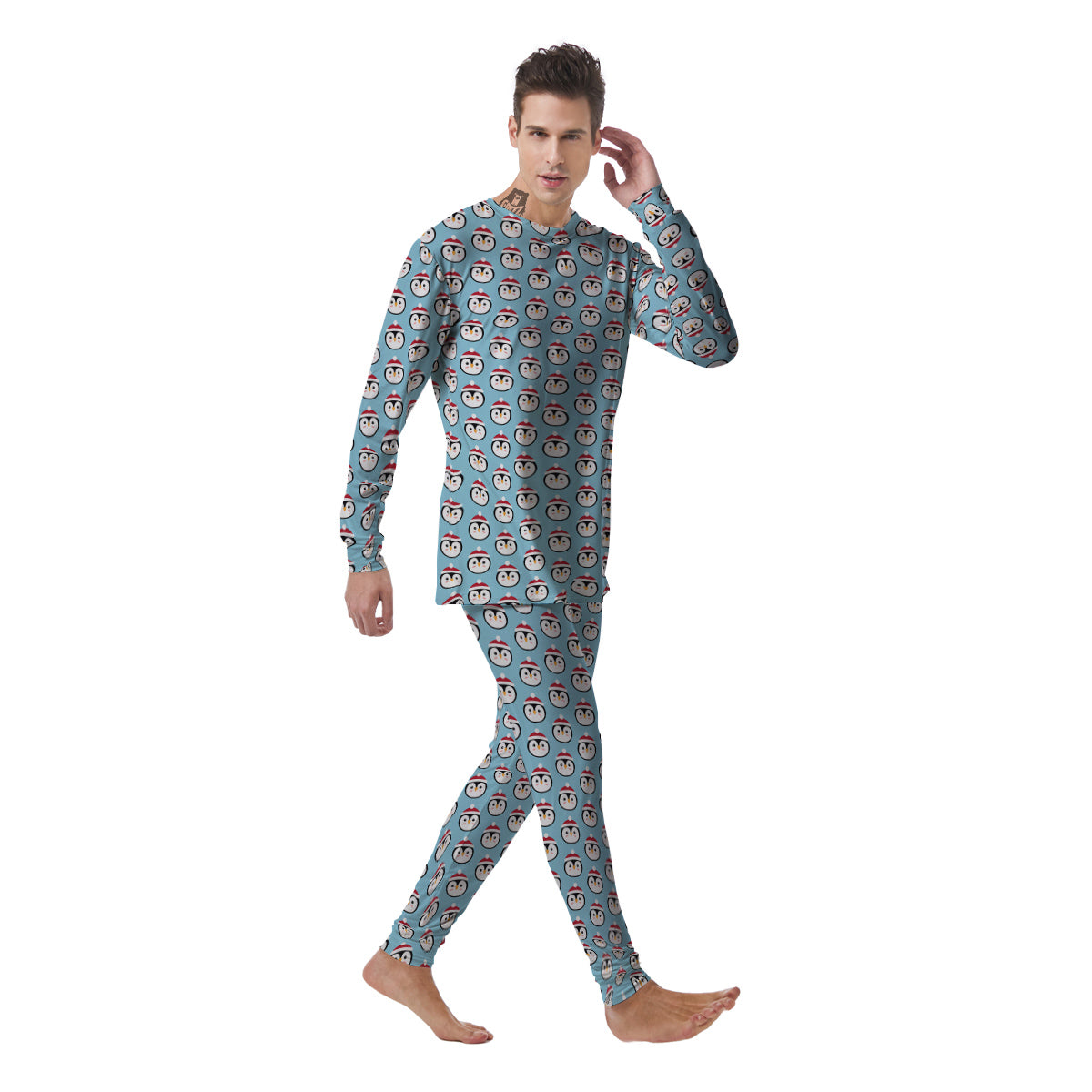 Penguin Face Cute Print Pattern Men's Pajamas-grizzshop