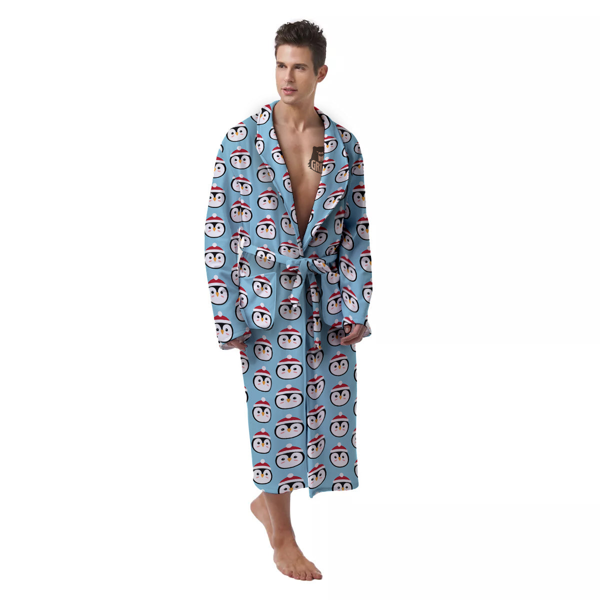 Penguin Face Cute Print Pattern Men's Robe-grizzshop