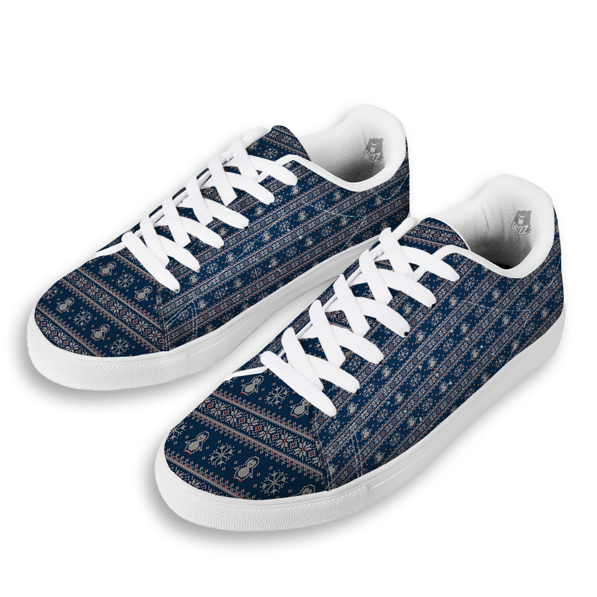 Penguin Knitted Christmas Print White Low Top Sneakers-grizzshop