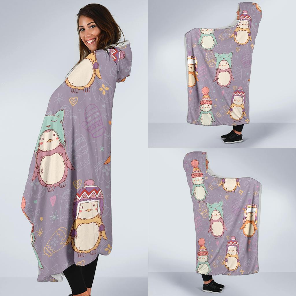 Penguin Pattern Print Hooded Blanket-grizzshop