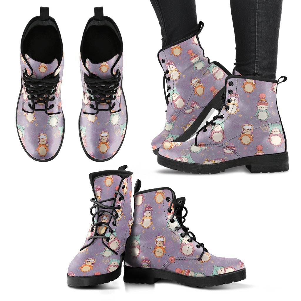 Penguin Pattern Print Men Women Leather Boots-grizzshop