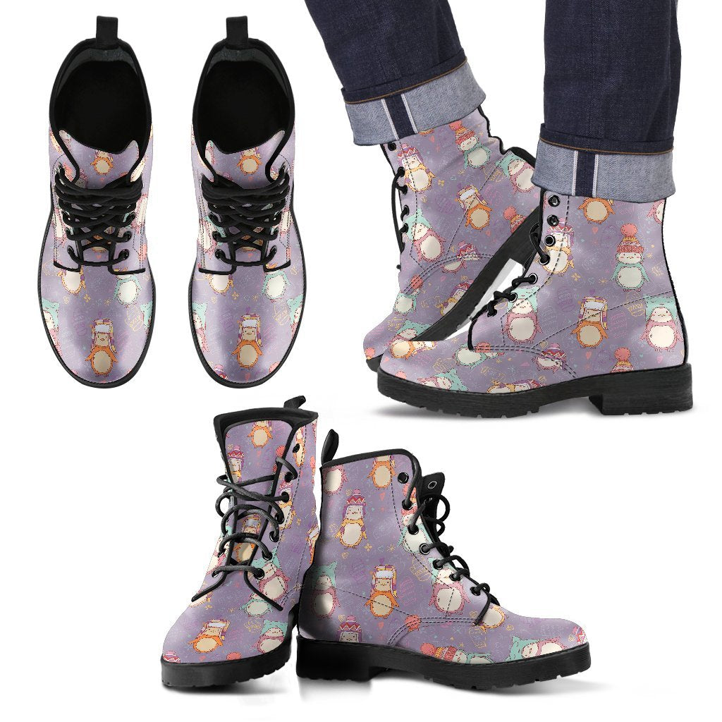 Penguin Pattern Print Men Women Leather Boots-grizzshop
